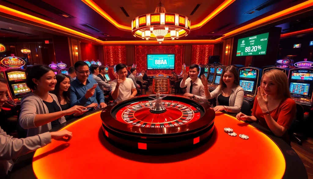 Join the thrill of 88AA đăng nhập with vibrant casino activities featuring roulette and enthusiastic players.
