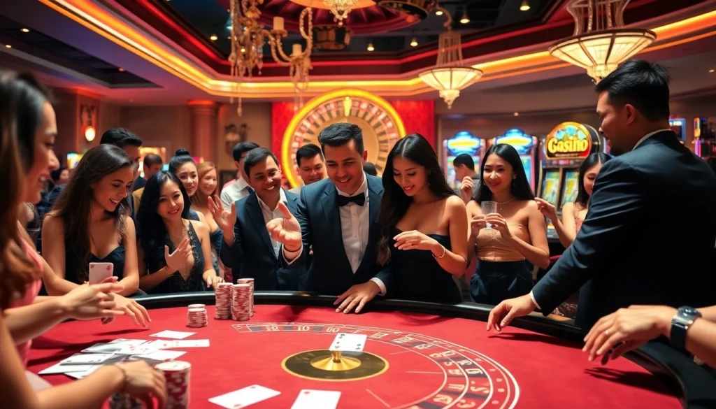 Players at BJ 88 enthusiastically place bets at a lively blackjack table, showcasing the excitement of casino gaming.