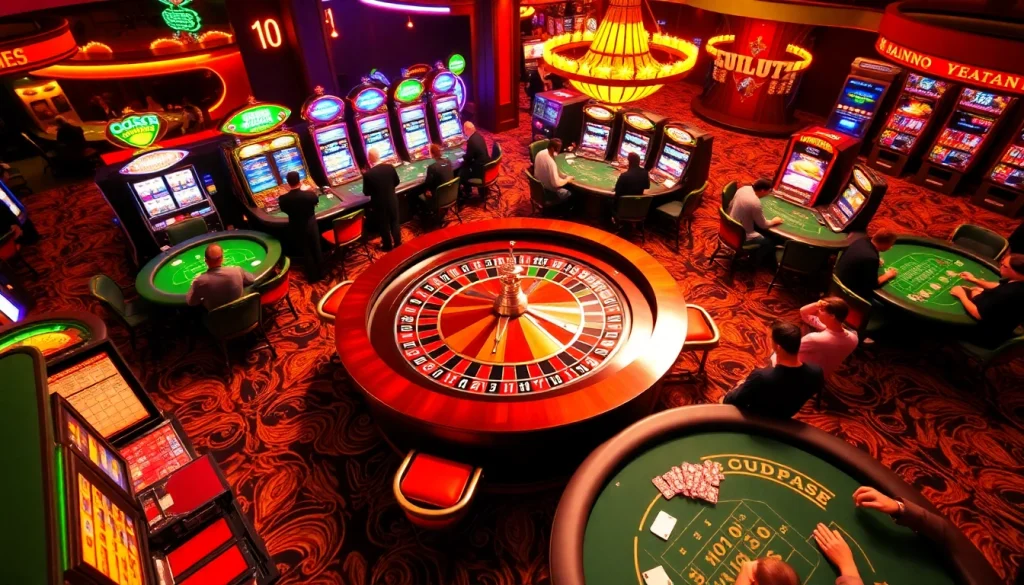 Gambling excitement at a casino featuring tables, slots, and players engaging dynamically with https://f168.team.