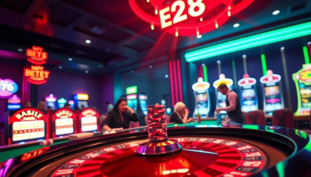 A vibrant casino scene highlighting the E28 roulette table with players engaged in betting actions.