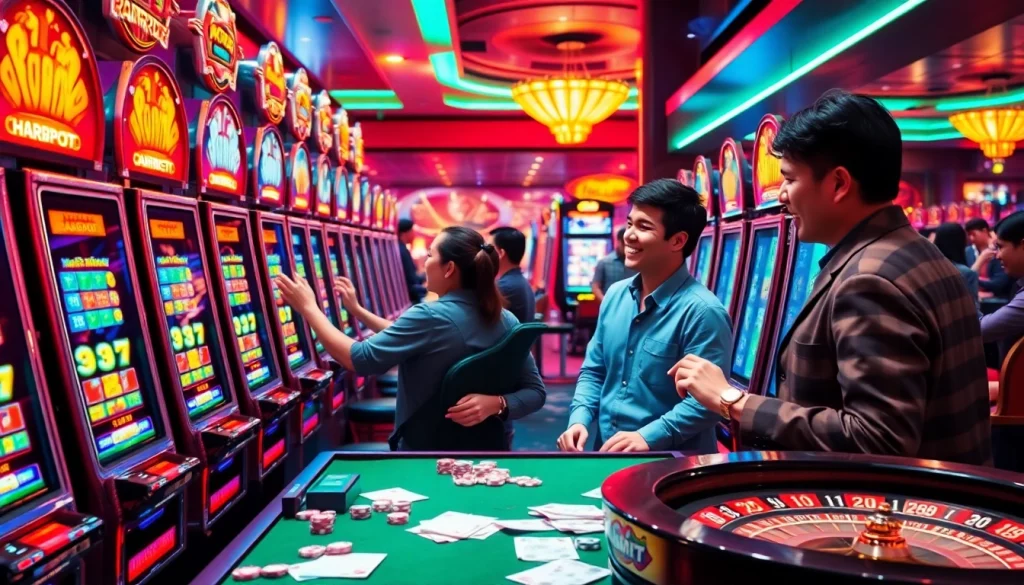 Players enjoying the thrill of nổ hũ đổi thưởng at vibrant slot machines in a bustling casino atmosphere.
