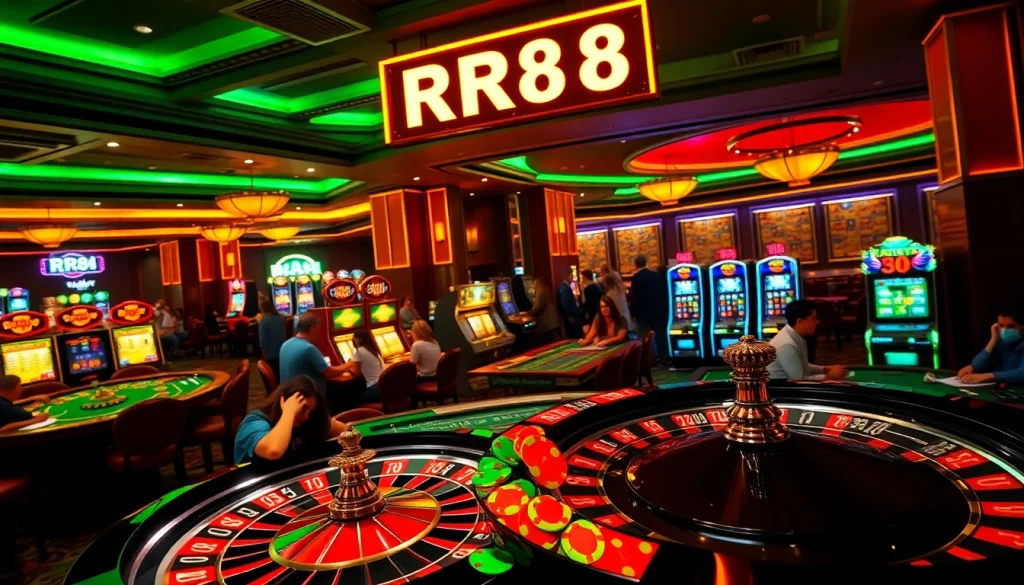 RR88 guests are engrossed at vibrant casino tables enjoying roulette, slots, and card games.