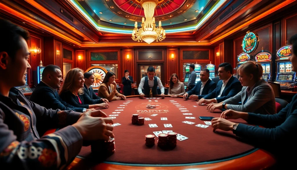 Players engage intensely at a poker table in 789BET's luxurious casino, highlighted by dazzling chips and cards.