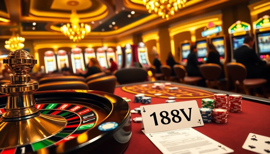 Players enjoying dynamic poker action at a 188V themed casino with vibrant chips and cards.