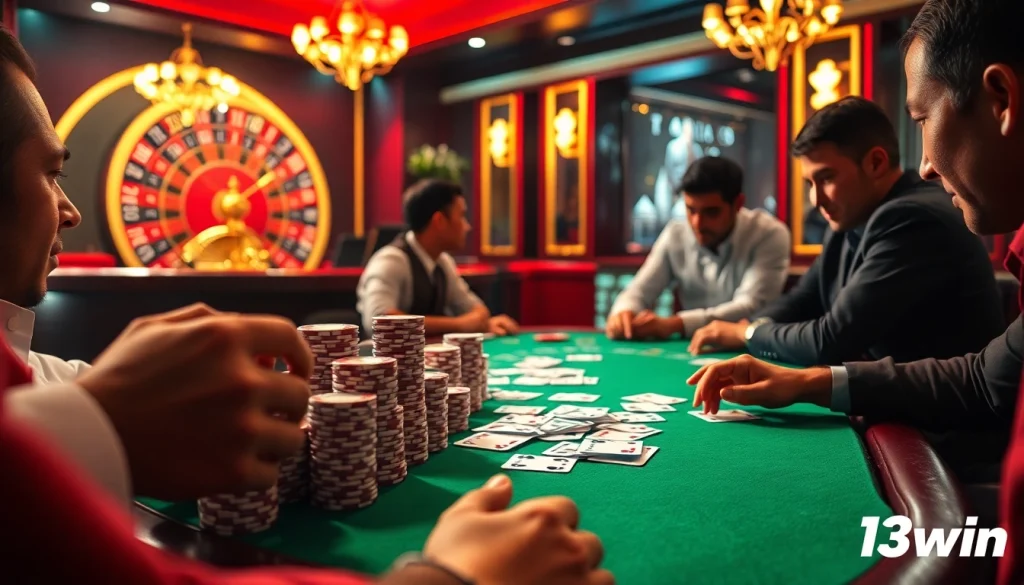 13win poker players strategizing around a high-stakes green felt table in a vibrant casino atmosphere.