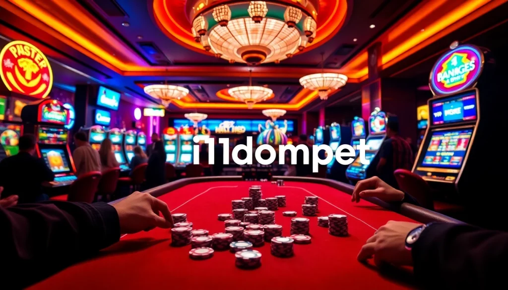 Players enjoying a thrilling game at i1dompet's luxurious poker table surrounded by colorful casino elements.
