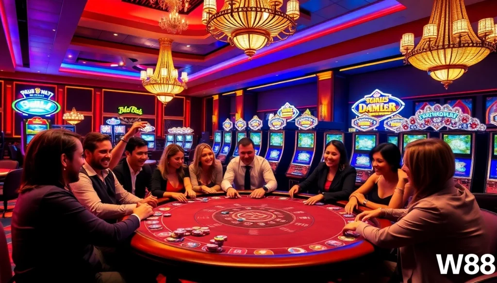Players at W88 casino diving into a thrilling poker game with vibrant chips and excitement.
