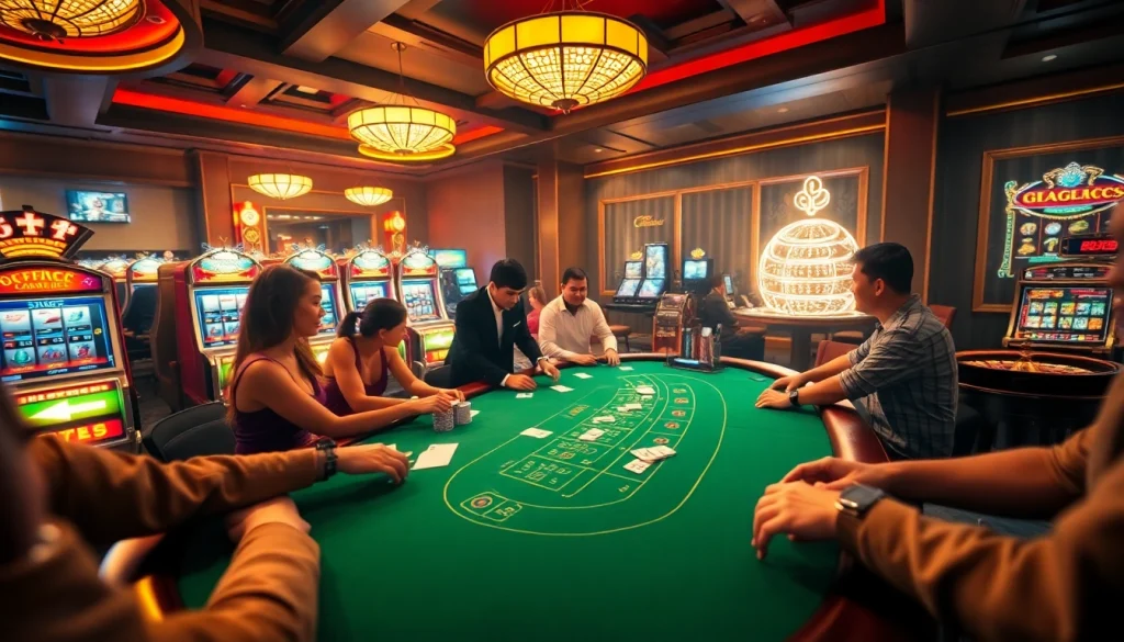 Exciting gameplay at QQ88 blackjack table with players and vibrant casino atmosphere.